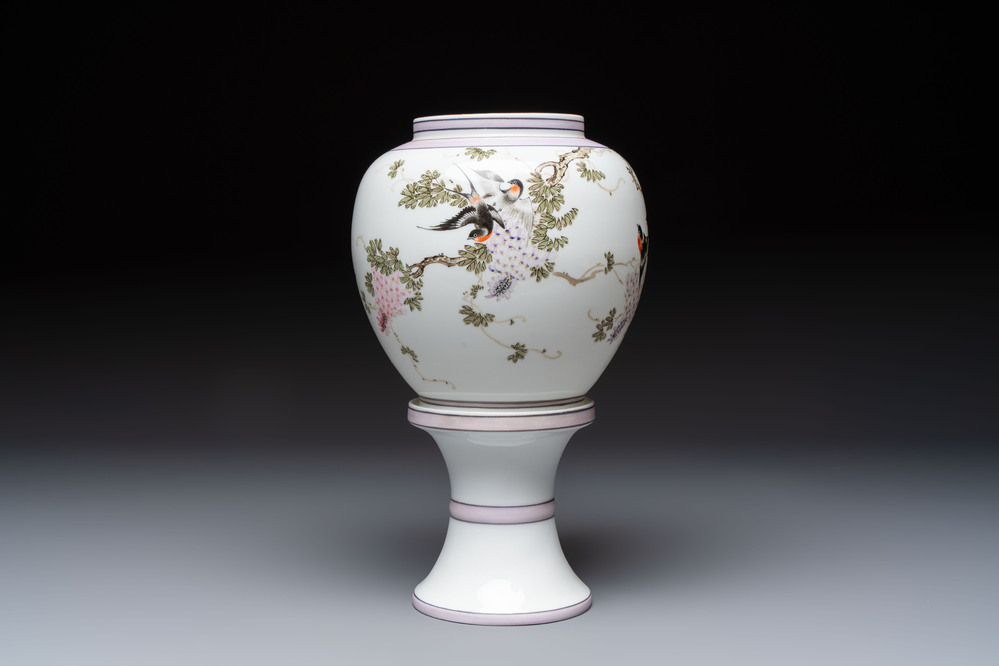 A Chinese famille rose 'Birds among Flowering Branches' eggshell lantern on stand, signed Yuan Qing 元清, dated 1987