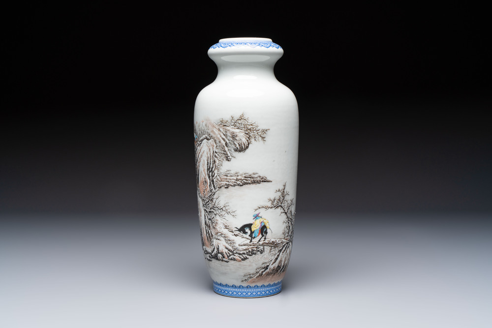 A Chinese polychrome-decorated 'Winter Landscape' vase, signed He Xuren 何許人 and with seal mark, dated 1934