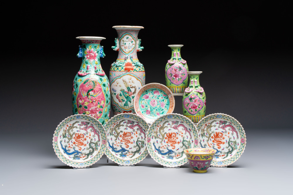A group of 10 Chinese famille rose wares for the Straits or Peranakan market, various marks, 19/20th C.