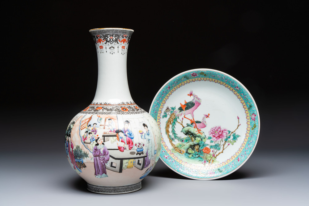 A Chinese famille rose bottle vase and a dish, Qianlong marks, Republic