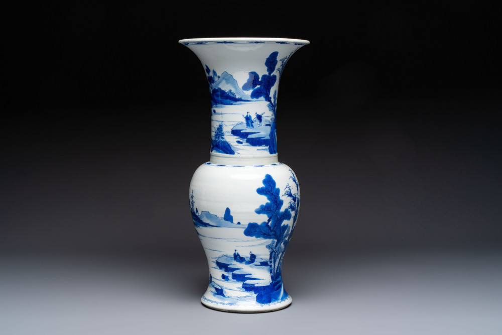 A Chinese blue and white 'Yenyen' vase with figures in a mountainous landscape, Kangxi