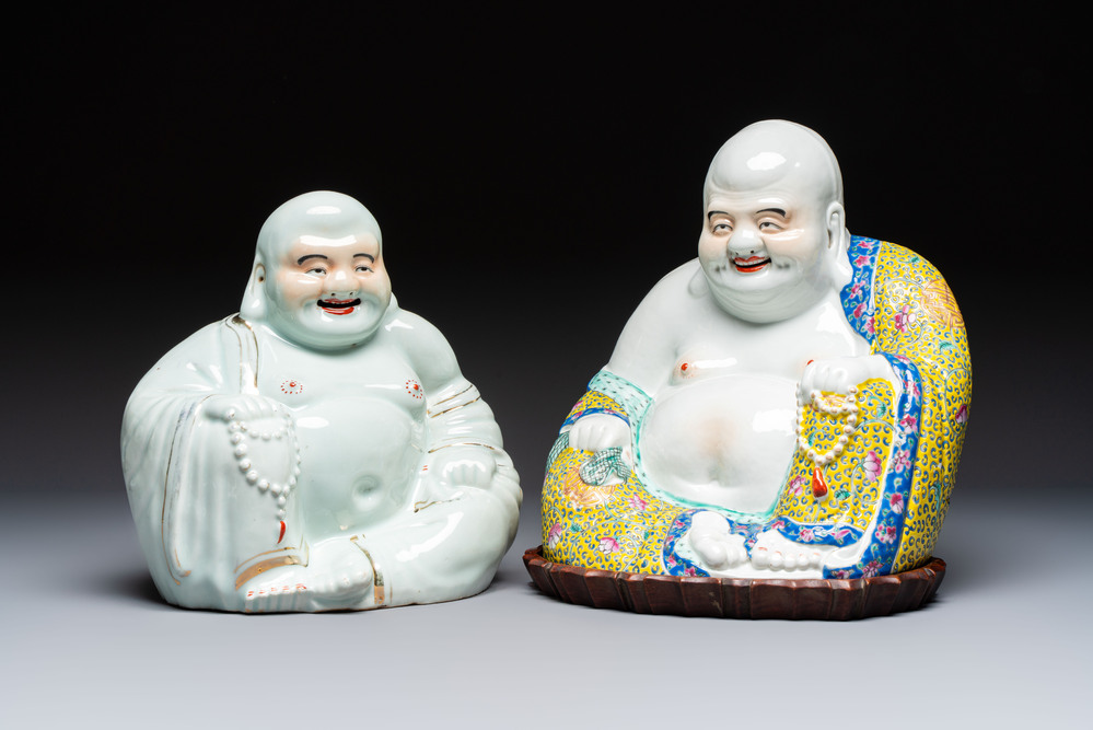 A Chinese famille rose Milefo Buddha and a white-glazed gilt-decorated Milefo Buddha, Wei Hongtai 魏洪泰 and Zhu Yishun 朱義順 mark, Republic