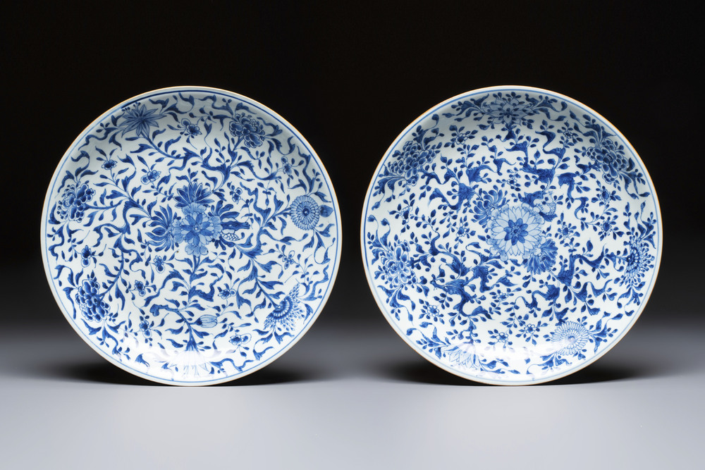 Two Chinese blue and white 'Floral' dishes, Kangxi