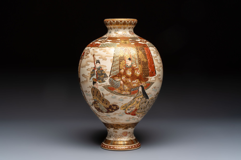 A Japanese Satsuma baluster vase with narrative design, Nippon Kyoto Kinkozan 日本京都錦光山 mark, Meiji, 19th C.