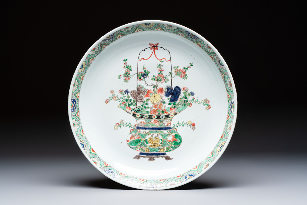 A Chinese famille verte 'Flower Basket' dish, lozenge mark, Kangxi