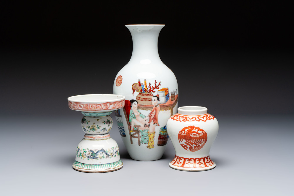 A Chinese polychrome 'Erotic' vase, an iron-red 'Phoenix' jar and a famille verte 'Dragon' stand,  Chun Yi Tang Zhi 春怡堂制 and Tongzhi mark, 19/20th C.