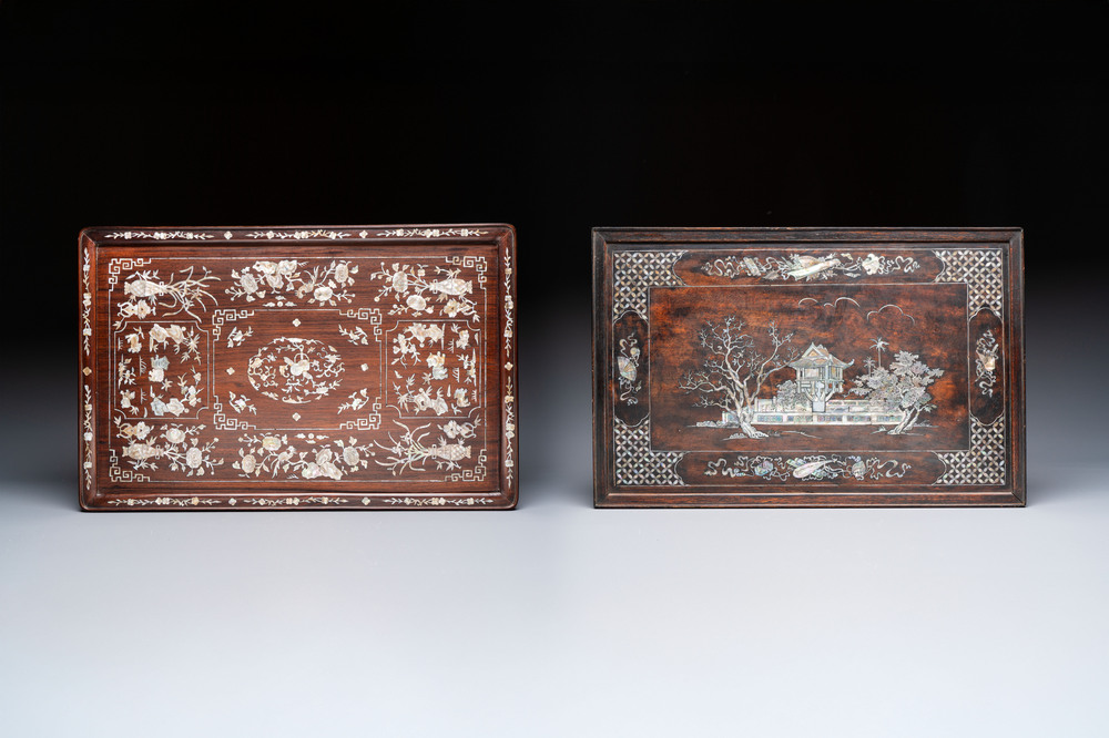 A Vietnamese mother-of-pearl-inlaid hardwood tray and a wooden plaque, 19th C.