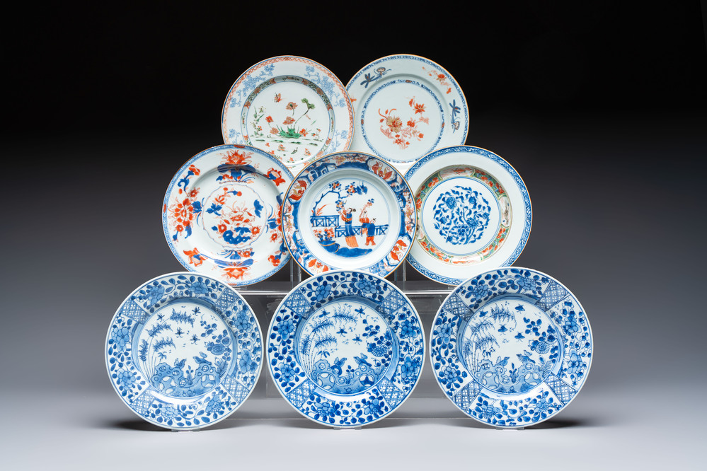 Eight Chinese blue and white, famille verte and Imari-style plates, Kangxi
