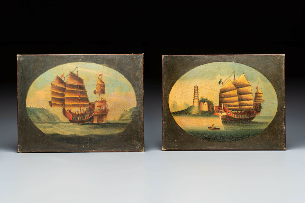 Canton school: two paintings depicting Chinese junks at sea, oil on canvas, 19th C.