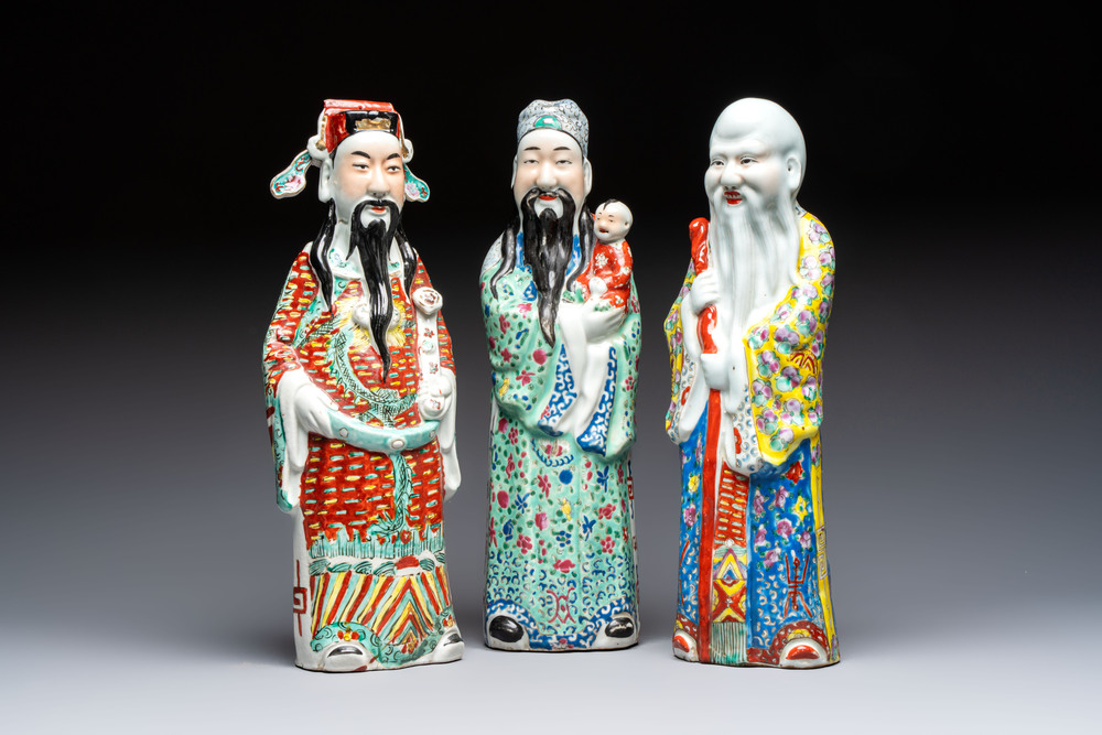 Three Chinese famille rose 'Three Star Gods' figures, Mao Jisheng 茂記生 and Ding Yisheng 丁義盛 marks, Republic