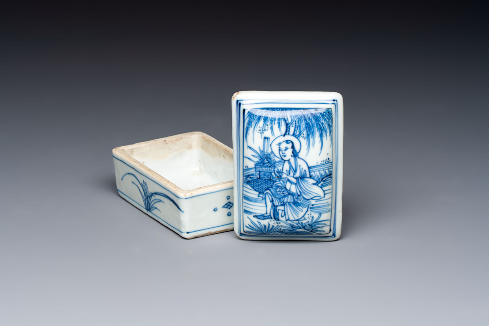 A fine Chinese blue and white rectangular seal paste box and cover, Ming