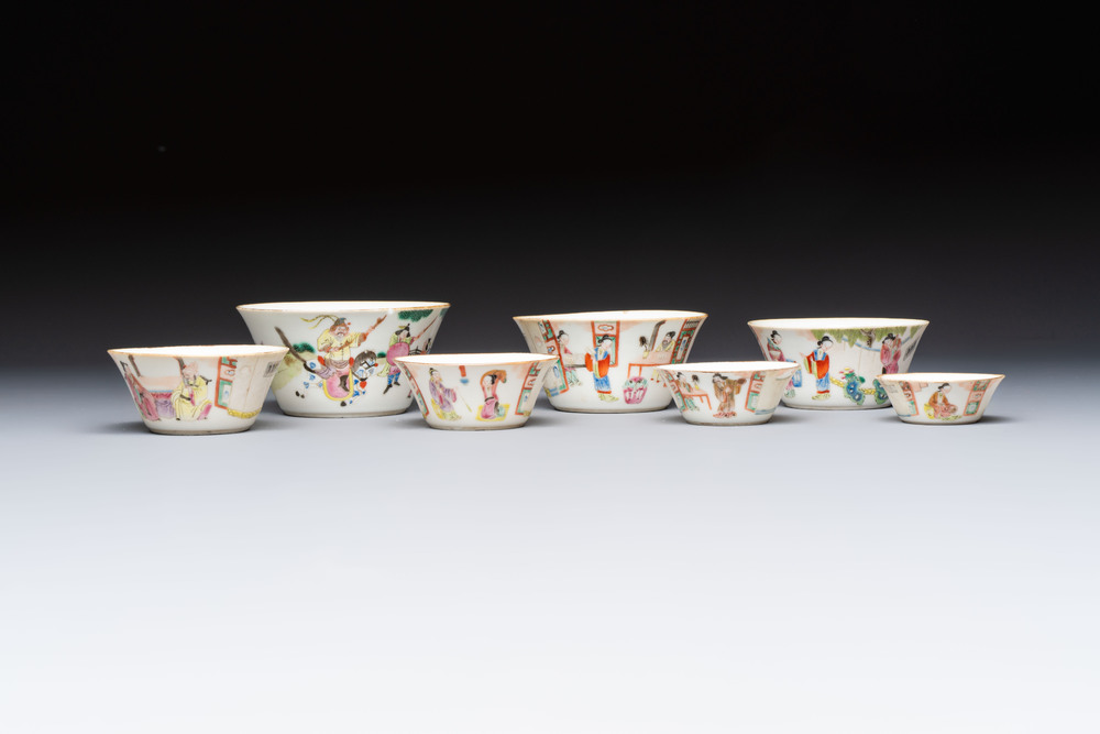 A set of seven Chinese famille rose nesting bowls with narrative design, Daoguang