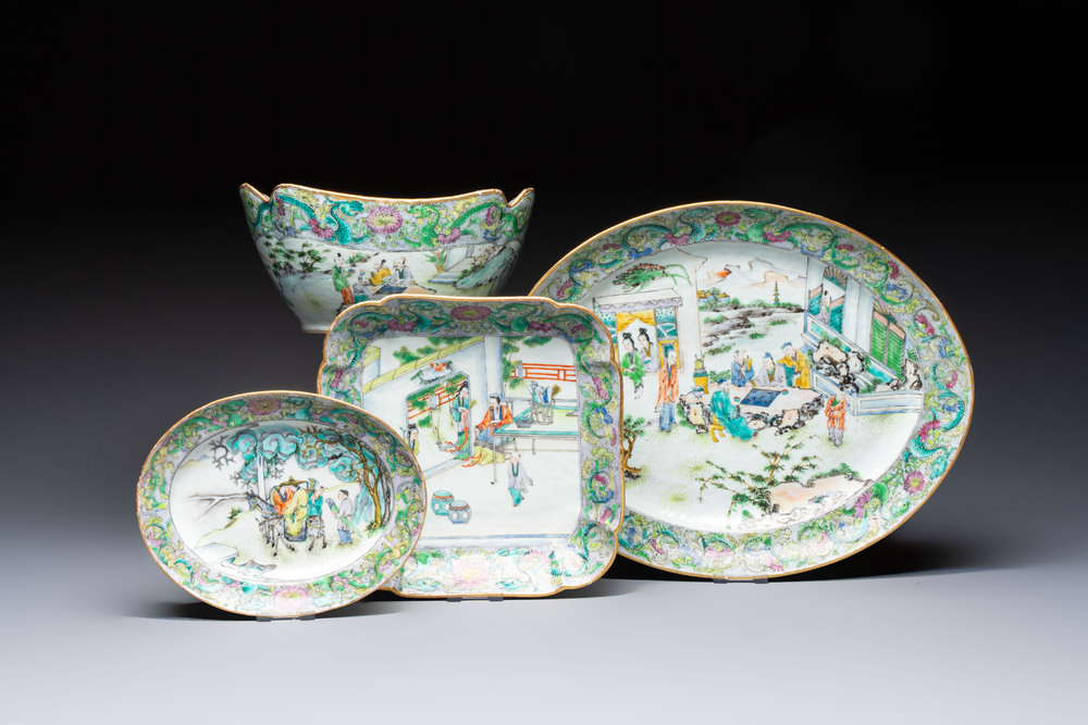 Two Chinese Canton famille verte serving dishes, a square bowl and stand with figural design, 19th C.