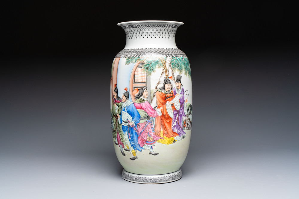 A Chinese polychrome 'Water Margin' 水滸傳 vase, Qianlong mark, Republic