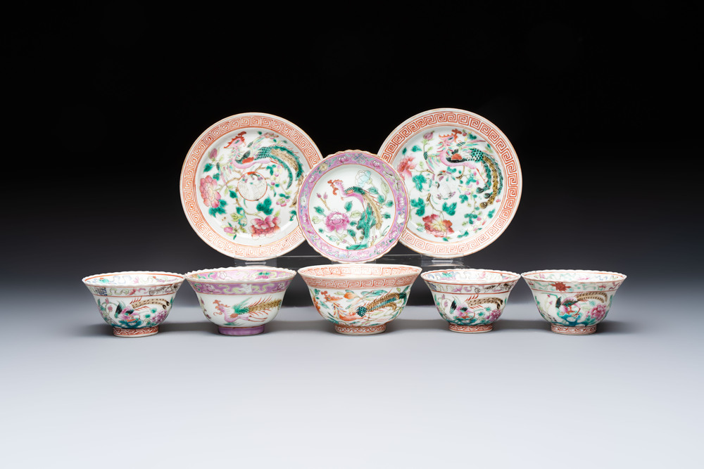 Five Chinese famille rose 'Phoenix and Peony' cups and three saucers for the Peranakan market, Qianlong, Guangxu and Zhou Shunxing 周順興 marks, Republic