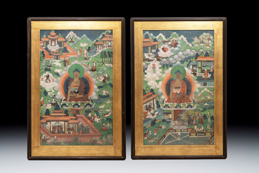 Two Sino-Tibetan thangkas depicting the life of Buddha Shakyamuni, 19th C.