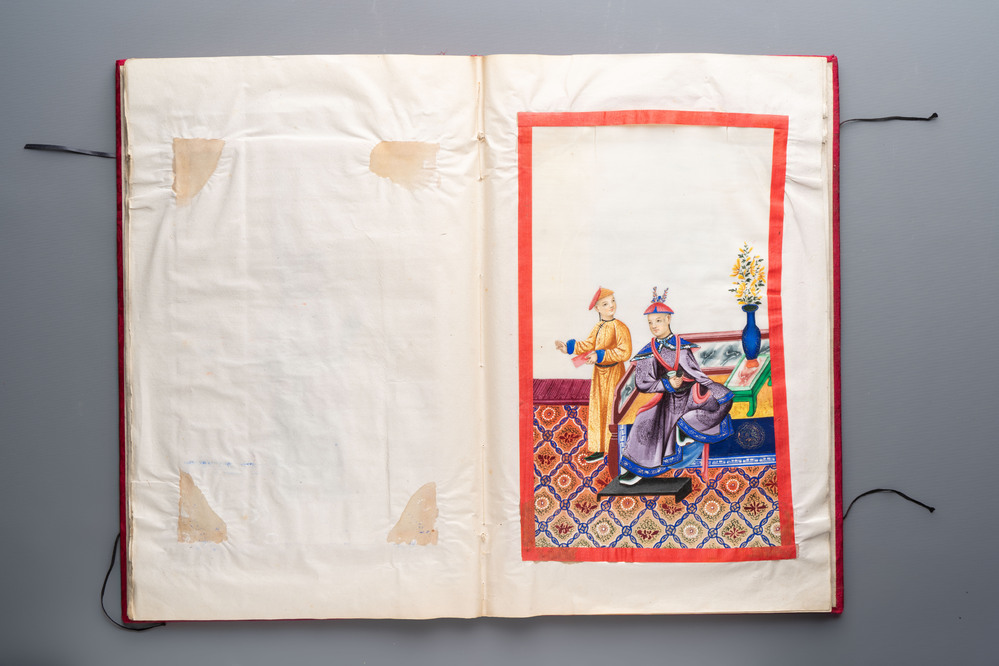 Two albums containing 12 and 13 Chinese Canton rice paper paintings, 19th C.