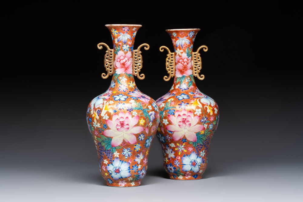 A pair of Chinese famille rose 'Millefleur' vases, Qianlong mark, Republic