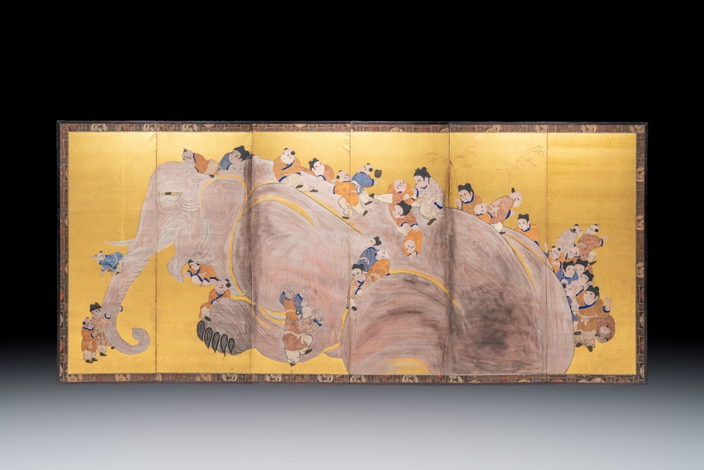 A Japanese six-panel folding screen or byōbu depicting children playing with an elephant, ink, colour and gold leaf on paper, Meiji, 19th C.
