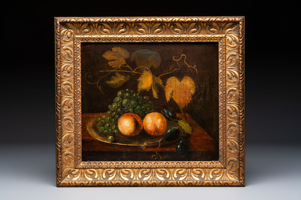 European school: still life with grapes, plums and peaches on a metal dish, oil on canvas, 17th C.
