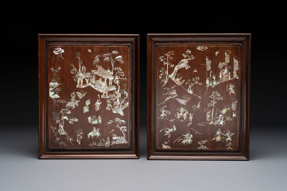 A pair of Vietnamese mother-of-pearl-inlaid hardwood plaques with narrative design, 19th C.