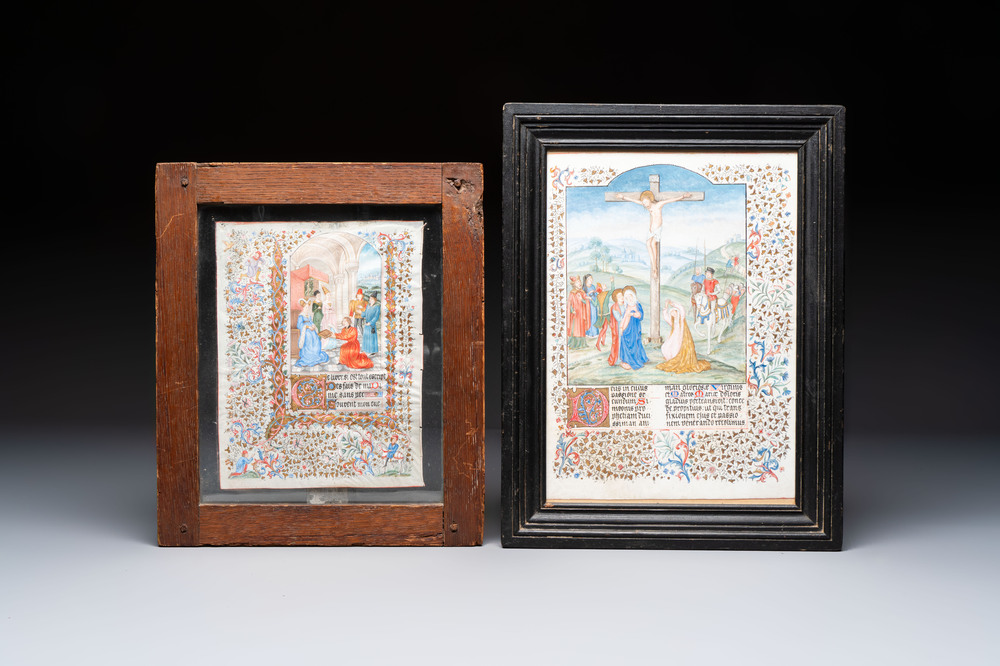 Two framed Flemish miniatures on parchment and paper, one a page from an illuminated book of hours, 19th C.