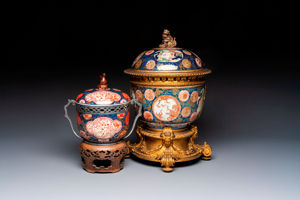Two Japanese Imari covered bowls, one mounted in silver and wood and the other with gilt-bronze mounts, Meiji, 19th C.