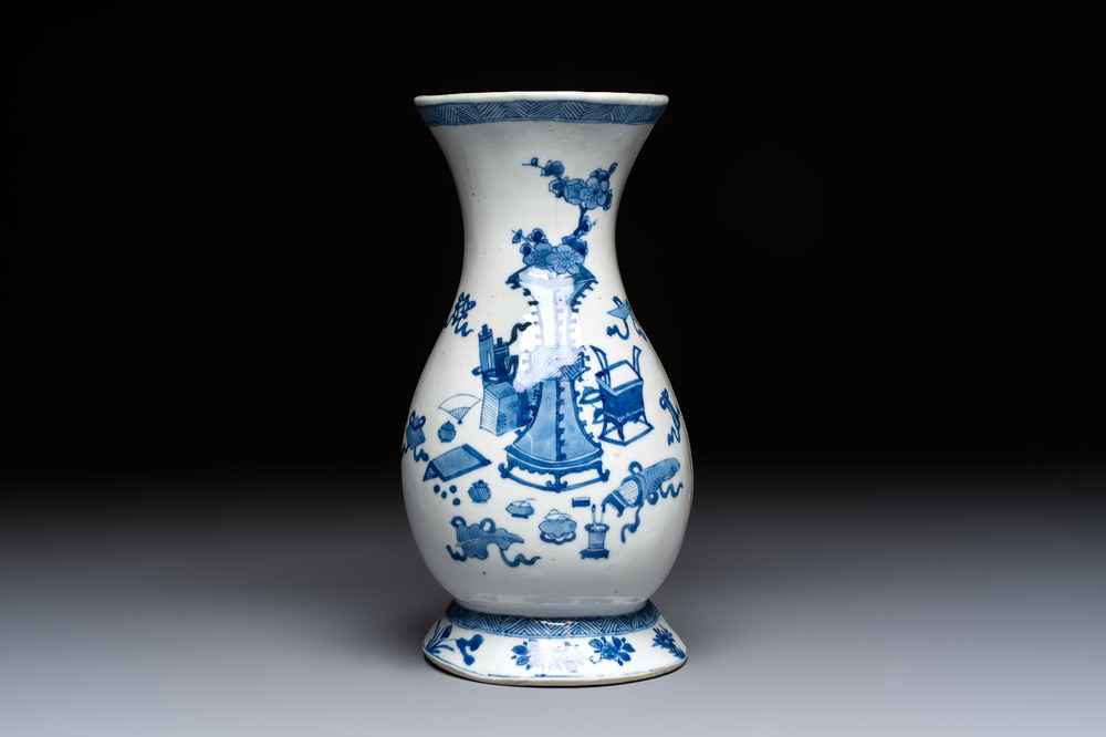 A Chinese blue and white 'Antiquities' wall vase, Kangxi