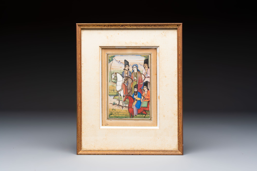 A Persian miniature painting: 'Prince and Attendants on Horseback', gouache on paper, Qajar, 19th C.