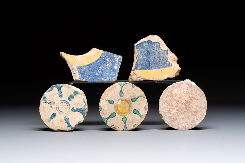 Five polychrome maiolica floor tiles from the castle of Breda, attributed to the Guido Andries workshop, Antwerp, 1535-1550
