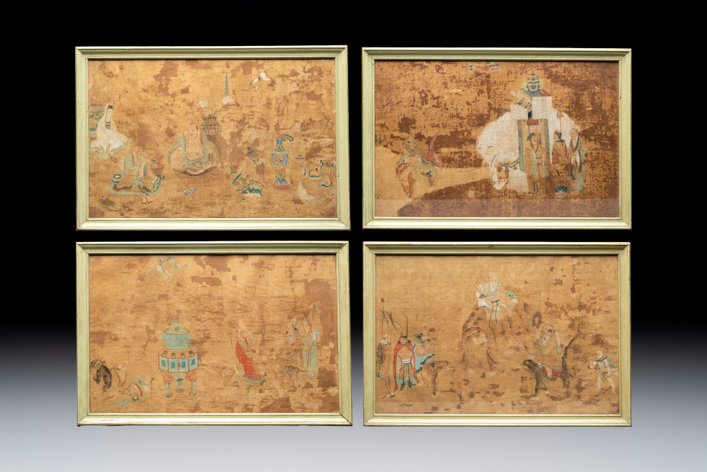 Chinese school: four paintings with Buddhist narratives, ink and colour on silk, Qing