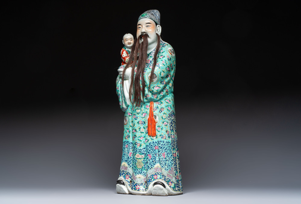 A large Chinese famille rose figure of Fu Xing, Zhu Mao Ji Zao 朱茂記造 mark, Republic