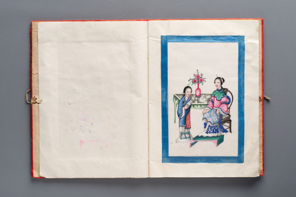 An album containing 12 Chinese Canton rice paper paintings, 19th C.