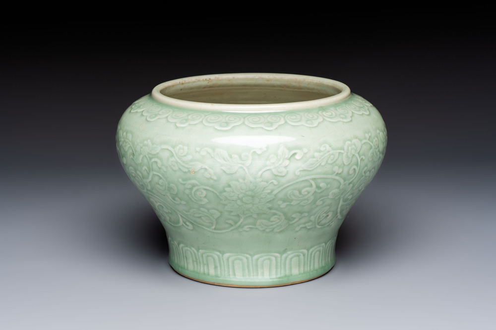 A Chinese celadon-glazed 'Flower Scroll' jar, Qianlong