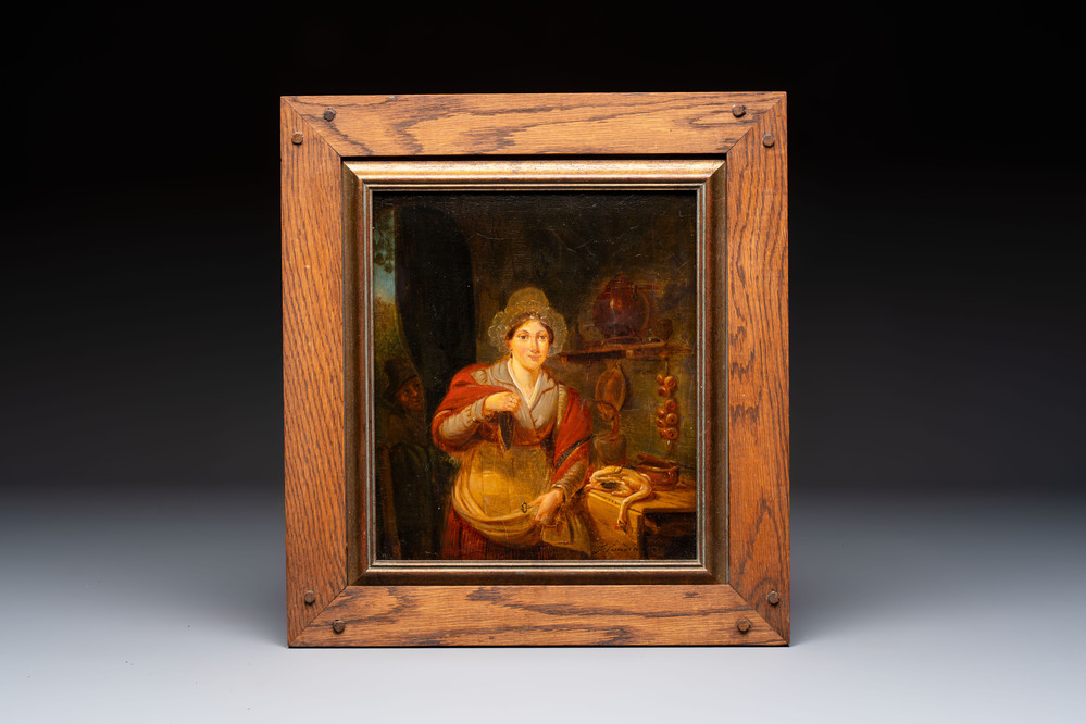 Jean Baptiste Van Eycken (1809-1853) , 'Poultry Vendor in Kitchen', oil on panel, signed, 19th C.