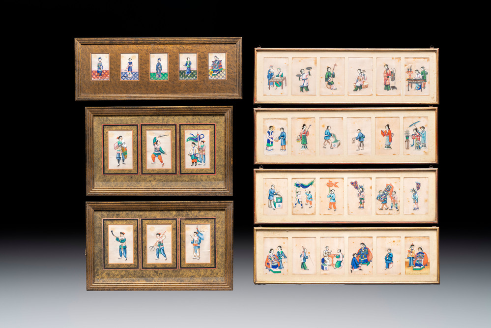 Seven frames containing 33 Chinese Canton rice paper paintings, 19th C.