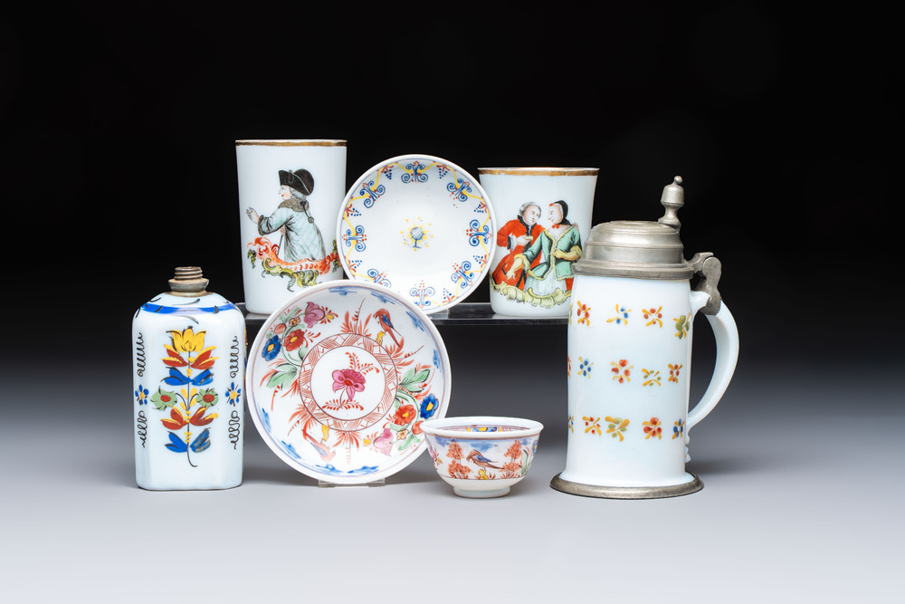 A group of seven Bohemian enamelled 'Milchglas' or milk glass wares, 18/19th C.