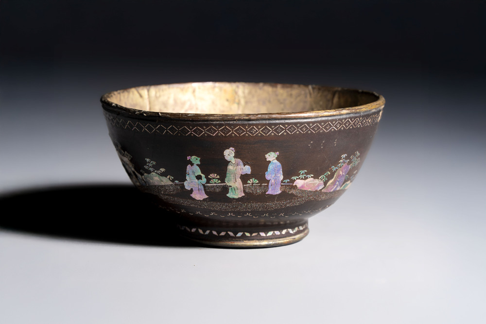A Chinese silver-lined laque burgaut&eacute; bowl with figural design, Kangxi