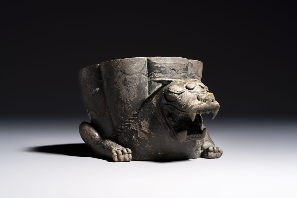A Chinese bronze 'Mythical Beast' rhyton, Ming