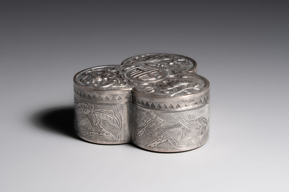 A fine Chinese silver-plated 'Fu Lu Shou' box and cover, 18/19th C.