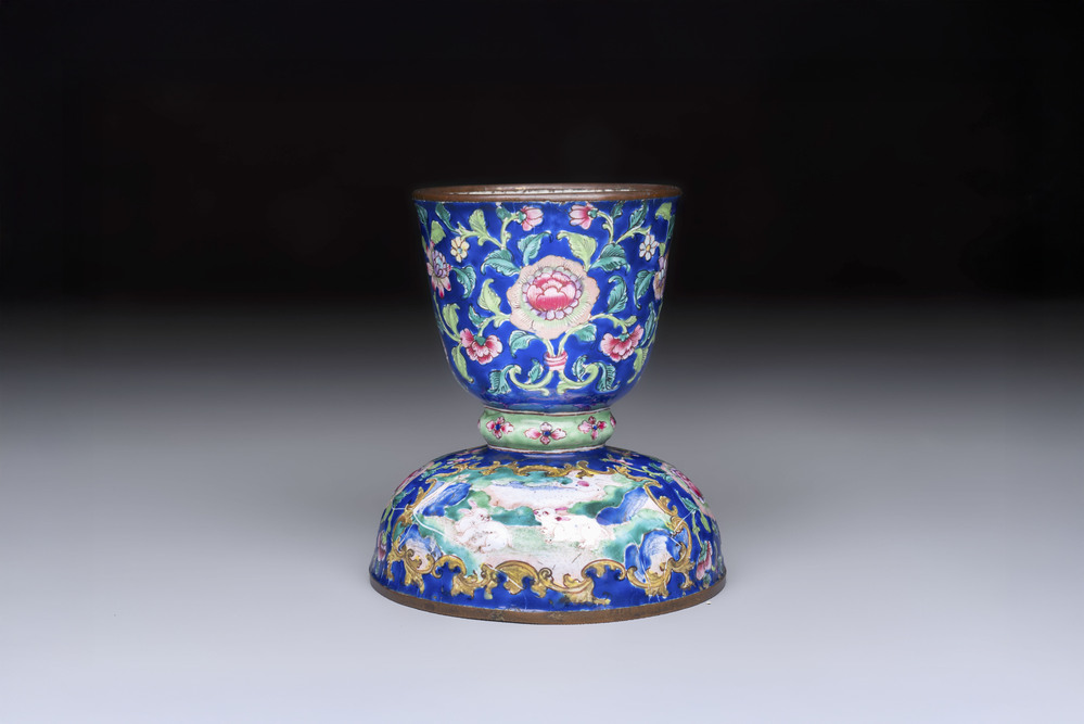 A fine Chinese Canton enamel blue-ground vase with two bunnies, Qianlong