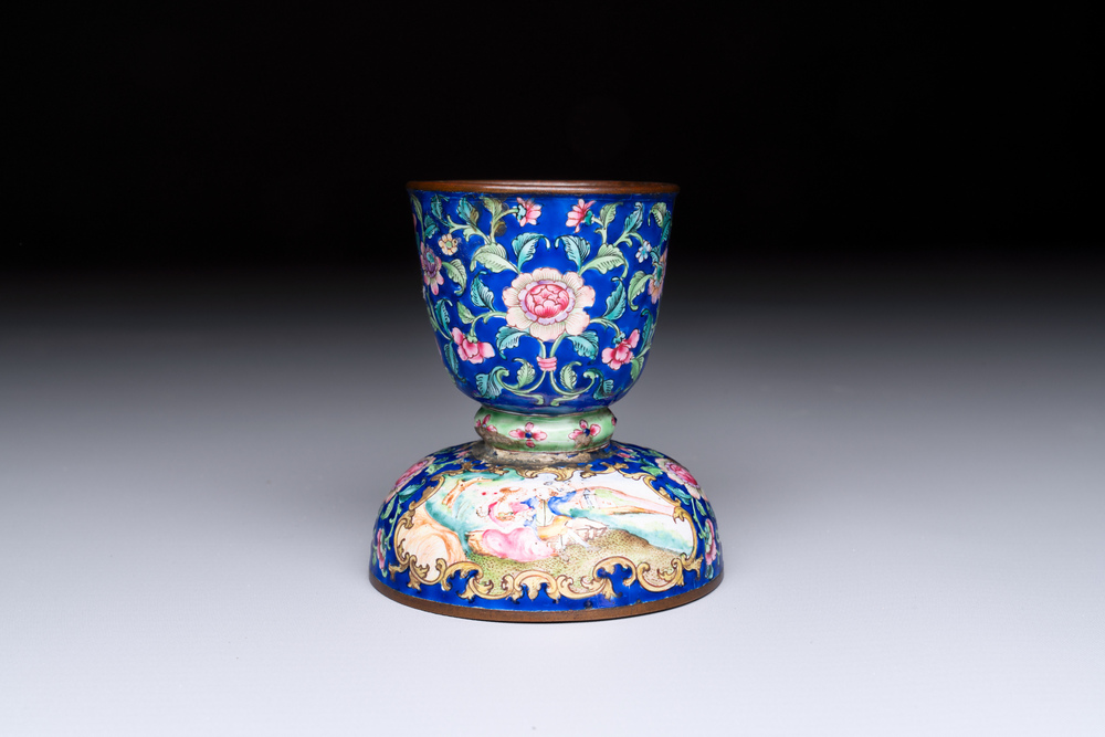 A fine Chinese Canton enamel blue-ground vase with a romantic scene, Qianlong