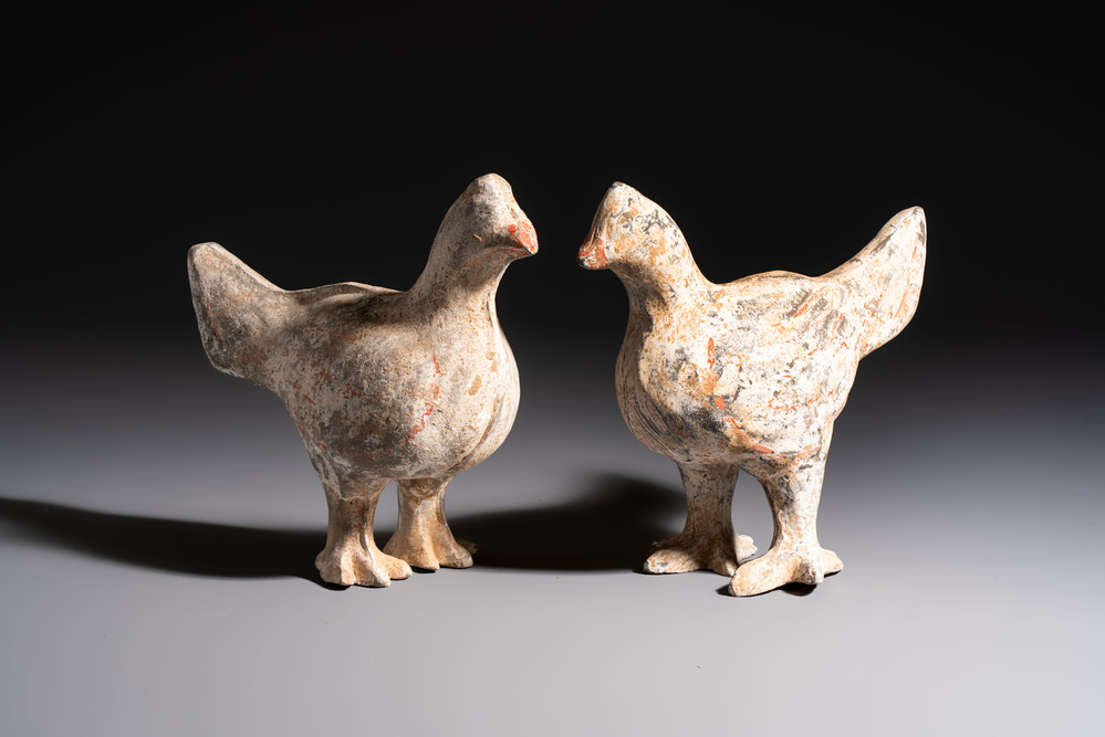 A pair of Chinese cold painted terracotta roosters, Han or later