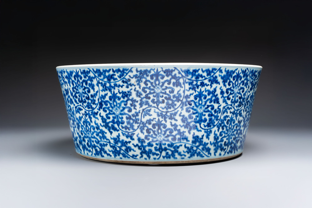 A massive Chinese blue and white 'Buddhist lotus scroll' circular basin, Kangxi