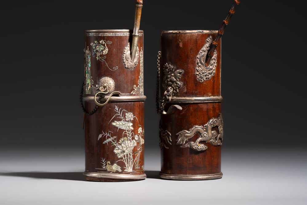 Two Vietnamese waterpipes in wood, silver and metal, one with mother-of-pearl inlay, 19th C.