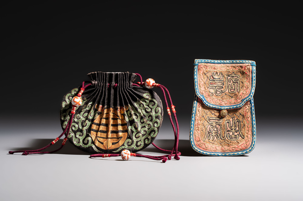 A Chinese embroidered silk pouch and an embroidered textile purse, 19th C.