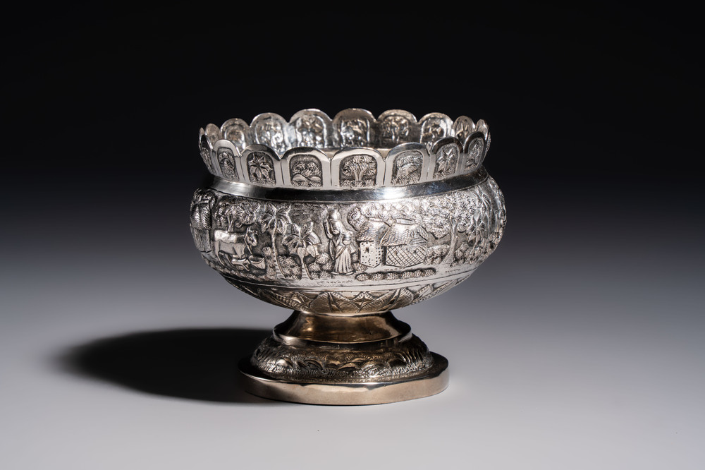 An Indian repouss&eacute; silver footed bowl, early 20th C.