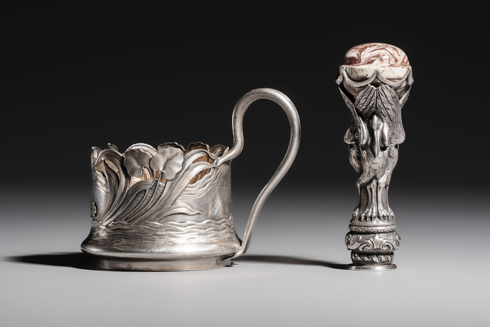 A Russian parcel-gilt silver tea-glass holder or 'podstakannik' and a silver monogram 'herons' seal stamp, 19/20th C.