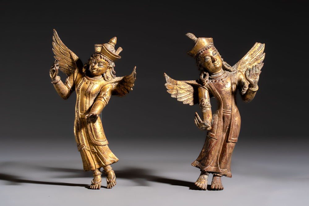 A pair of gilt-copper figures of Garuda, possibly Nepal, 17/18th C.