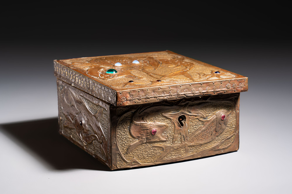 Alfred Daguet (Paris, 1875-1942): An Art Nouveau repouss&eacute; copper-mounted box with aquatic animals and inset glass eyes, monogrammed A.D., ca. 1900